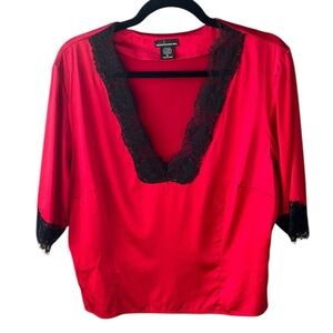 Moda International Red Silk Top With Black Lace Trim Side Zip Size XL